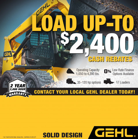 Anuncio de página completa de la oferta de reembolso de GEHL MNA Skid Loader