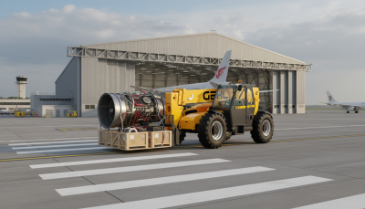 GEHL telehandler transporting aeronautical maintenance equipment